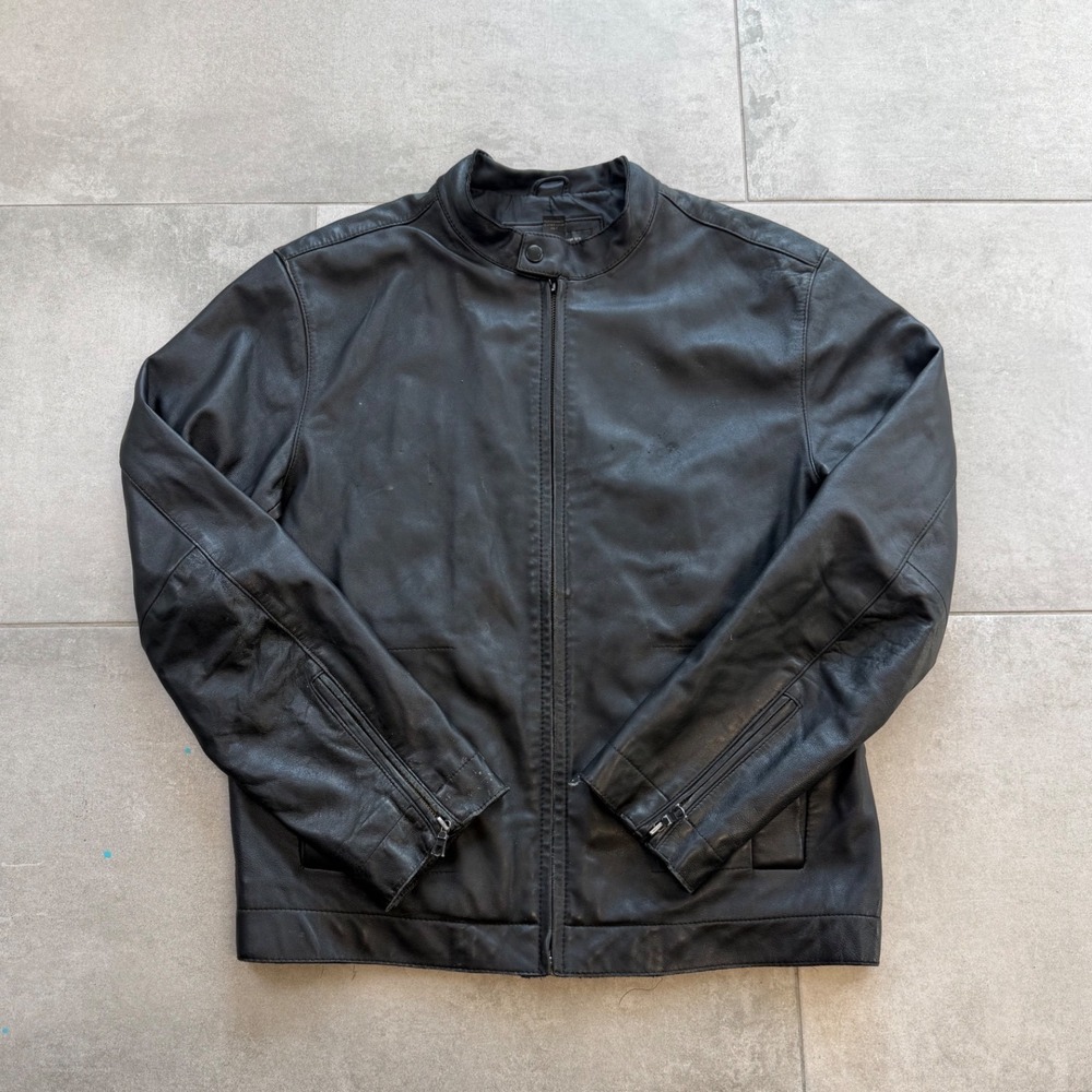 Vintage Y2K INC International Concepts Mens Black Leather Cafe Racer Jacket M